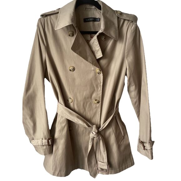 Lauren Ralph Lauren Short Double Breasted Trench Coach in Birch Tan Sz Large - Picture 4 of 6